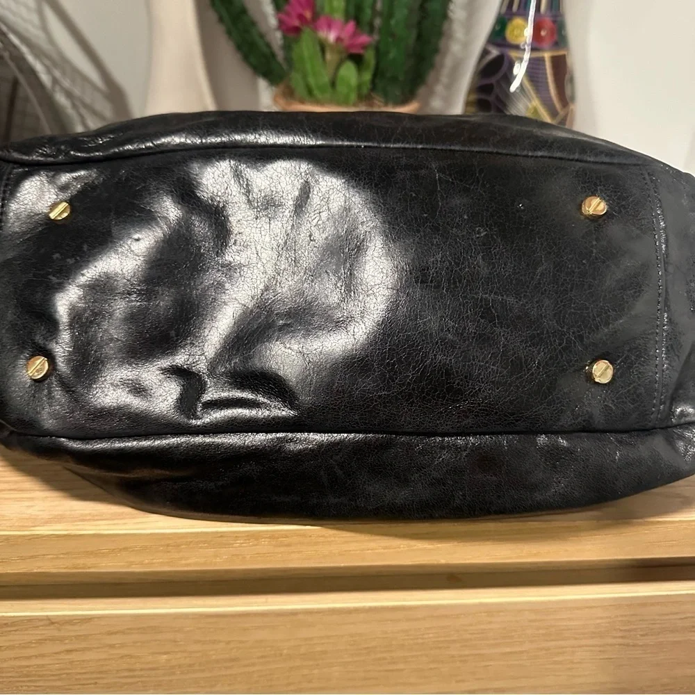 TORY BURCH Dena Black Glazed Distressed Leather Hobo Shoulder Bag